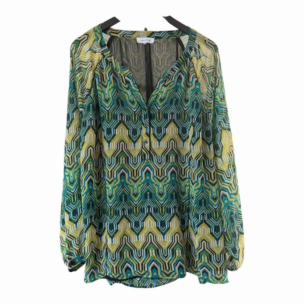 Calvin Klein Women's 3X Geometric Print Tunic Blouse Roll Tab Sleeve Plus Top